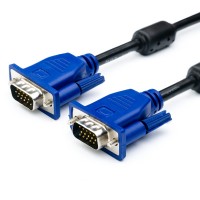 VGA Cable 15m/15m (папа-папа) экранированный 3m черный с синими разъёмами (2 фер. кольца) a