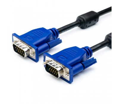 VGA Cable 15m/15m (папа-папа) экранированный 1.5m черный с синими разъёмами (2 фер. кольца)