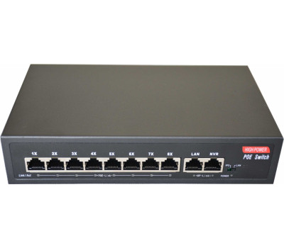 Сетевой коммутатор PoE Switch 10/100Mbps 8port+2port UP-Link, IEEE802.3af/at, PoE 120W